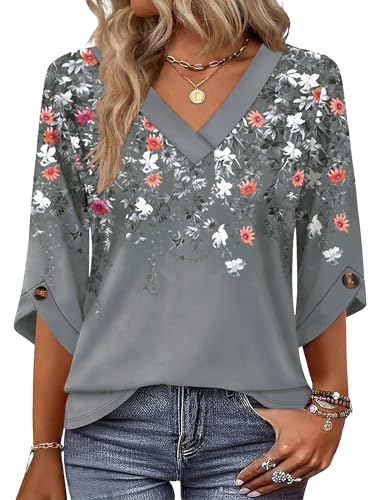 OFEEFAN Plus Size Tops for Women Blouses Dressy Casual 3/4 Length Sleeve Womens Tops Summer Outfits 2026 Hawaiian Shirts Comfort Colors Tshirt V Neck Grey 2XL