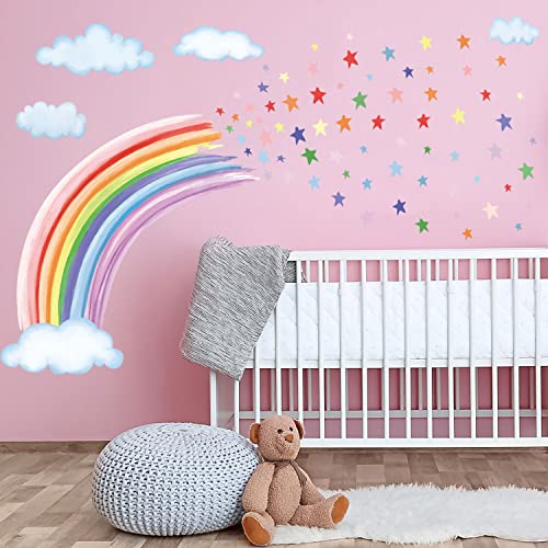 Supzone Large Rainbow Wall Stickers Boho Rainbow Wall Decal Colorful Stars Clouds Wall Art Sticker for Girls' Room Kids Baby Nursery Bedroom Playroom Living Room Classroom Wall Decor