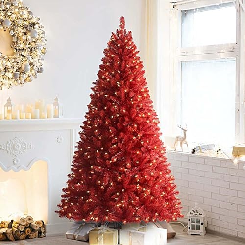 Árvore de Natal vermelha artificial árvore de Halloween abeto com dobradiças de primeira qualidade árvore de natural vermelho real completo, fácil de montar inclui suporte dobrável de metal (150 cm/5