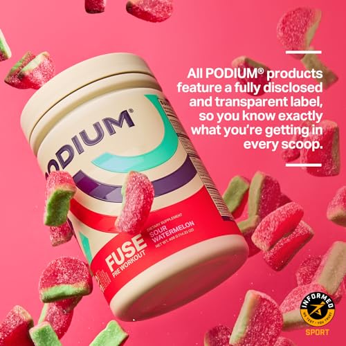 Image of Podium Nutrition, Fuse Pre Workout Powder, Sour Watermelon, 30 Servings, Beta Alanine and Caffeine for Energy, Gluten Free, Soy Free, Dairy Free