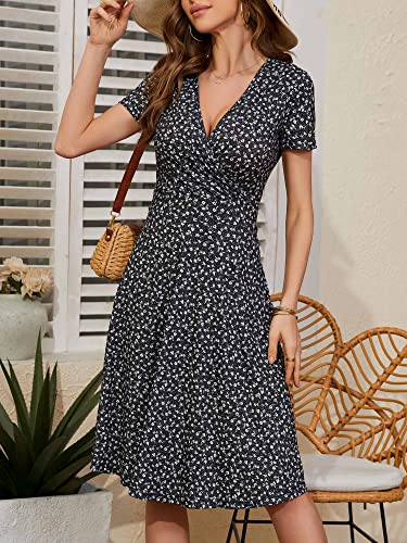 MSBASIC Womens Summer Wrap V Neck Casual Dresses Floral Short Sleeve A-Line Midi Sundress2