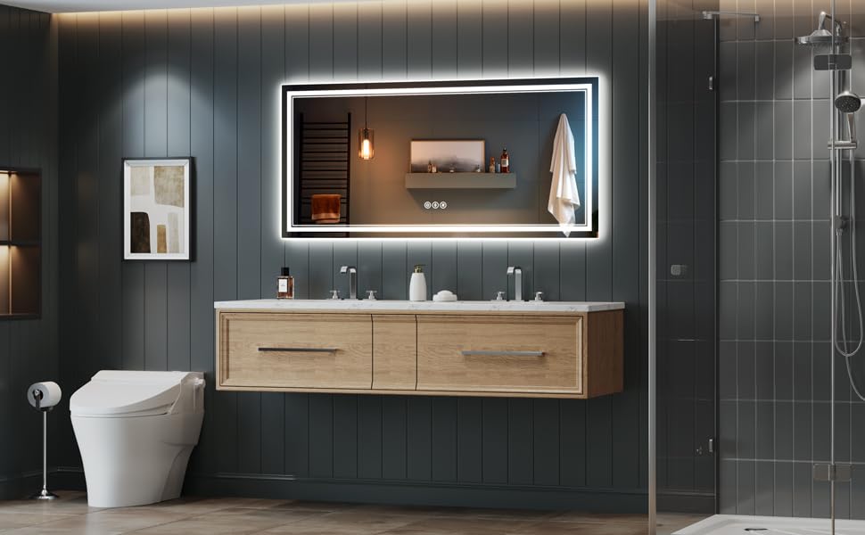 SOGOLINE 60x36 Inch Lighted Bathroom Mirror, Anti-Fog, Dimmable, 3 Colors Front and Backlit LED Bathroom Mirror, Insert-Light Pattern, Brighter, Clearer Bathroom Mirror with Lights, ETL Listed