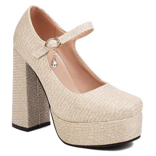 Round Toe Mary Jane Wedding Party Dress Shoe Women's Glitter Platform Chunky High Heels Pumps Shoes