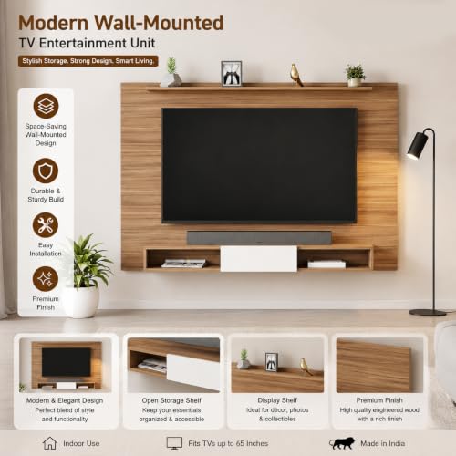 Image of FURNEASER Arsy Wall Mounted TV Unit for Living Room | Floating TV Stand with Back Panel & Storage Shelves | Modern Wooden Entertainment Center for 43 50 55 Inch TV (Exotic Teak & White)