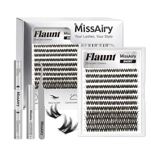 Flaunt Lash Clusters Kit Flora Short 8-14mm Light-Volume Wispy Eyelash Clusters D Curl DIY Eyelash Extension Kit Spiky Cat Eye Individual Lash Eyelash Clusters with 0.05mm Ultra-Thin Black Band