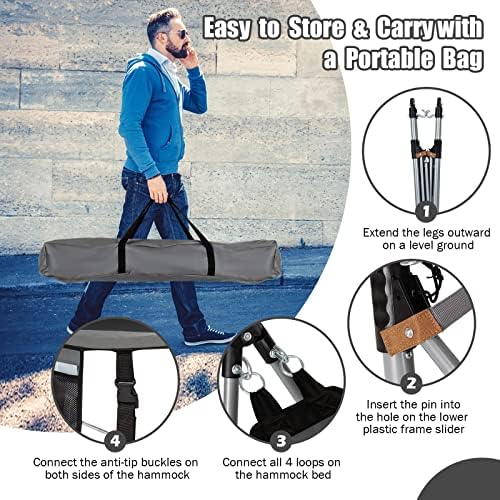 COSTWAY Folding Hammock with Metal Stand, Carrying Bag, Anti-Slip Buckle and Storage Pocket, Portable Travel Lounge Camping Bed, Outdoor Garden Patio Swinging Hammock (234 x 83 x 89cm, Grey)
