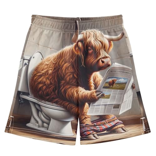 Funny Highland Cow Casual Shorts for Boys Pull on Cool Shorts Funny Outdoor Trunks 12-13