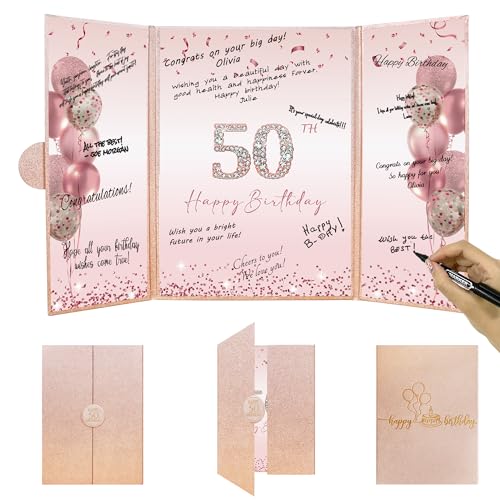 DARUNAXY Rose Gold 50th Birthday Party Decorations, Happy 50th Birthday Alternative Signature Guest Book for Women Pink Cheers to 50 Years Old Gifts 50 Birthday Signing Card Board Party Supplies