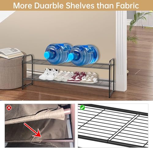 Image of KEETDY 2-Tier Long Shoe Rack for Closet Metal Shoe Organizer for Entryway, Wide Stackable Shoe Storage Shelf with Sturdy Wire Grid for Closet Floor, Bedroom, Black
