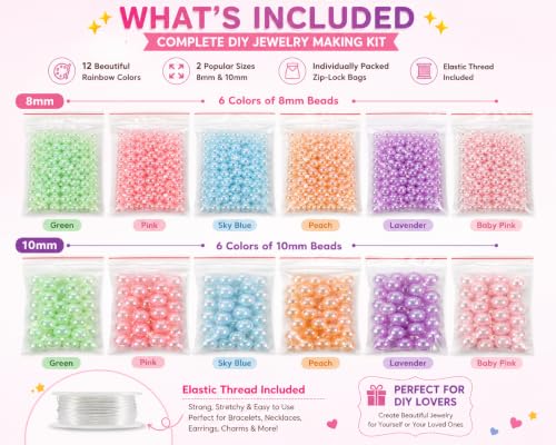Image of ambitieux Bracelet Making Craft Kit 12 Types of Colorful 400+ pcs of Plastic Beads with Elastic -(Colorfull with 8 mm) (8 mm Metallic Pearl)