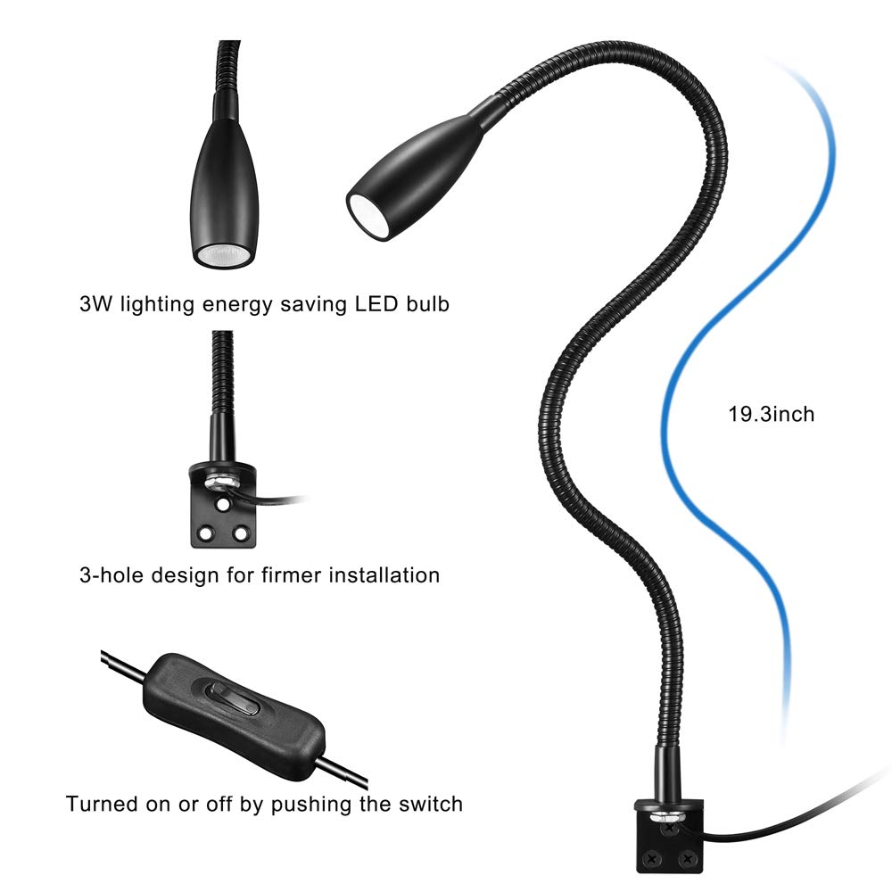 Lampka do czytania LED,lampka nocna Oświetlenie naścienne Półka na biurko Oświetlenie wyświetlacza 200lm/3000k/3w/110-240 V AC, kąt świecenia: 30 °, długość gęsiej szyi:49cm,długość przewodu zasilającego:2m,ciepła biel(włącznik/wyłącznik) (czarny)