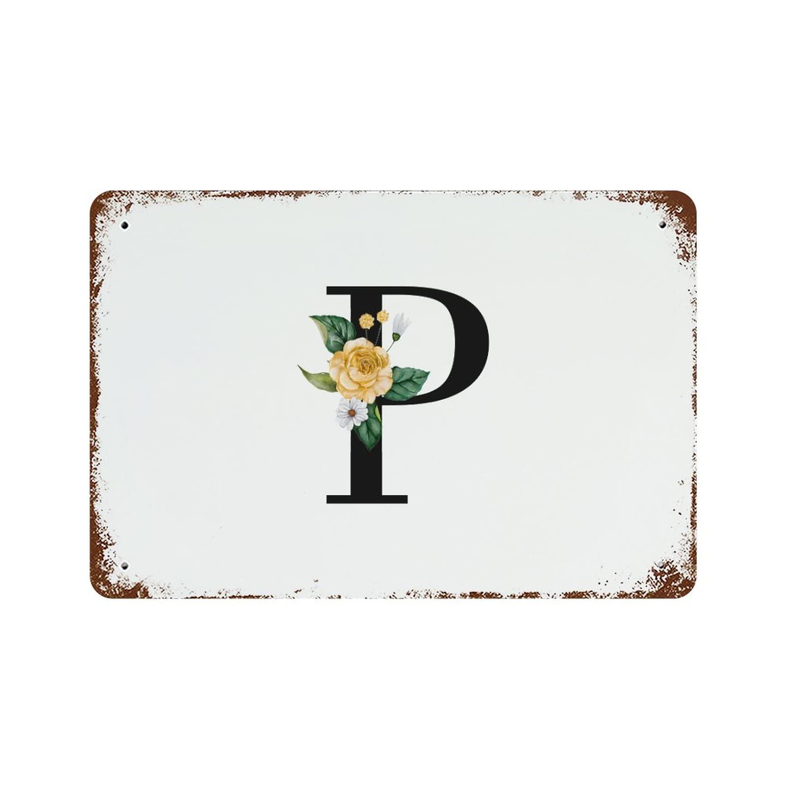 Panneau aluminium lettre P avec monogramme floral rustique 30x45 cm