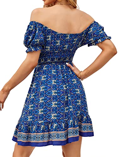 Faroro Dresses For Women Vintage Off Shoulder Short Dress Puff Sleeve Square Neck Cottage Core Sundress A Line Summer Beach Sundresses Blue thumb #1