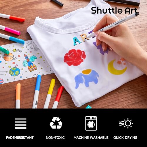 Image of Shuttle Art 28 Colors Fabric Markers, Permanent Markers for T-Shirts Clothes Sneakers Jeans with 11 Stencils 1 Sheet, Shirt Pens for Adult DIY Painting Writing