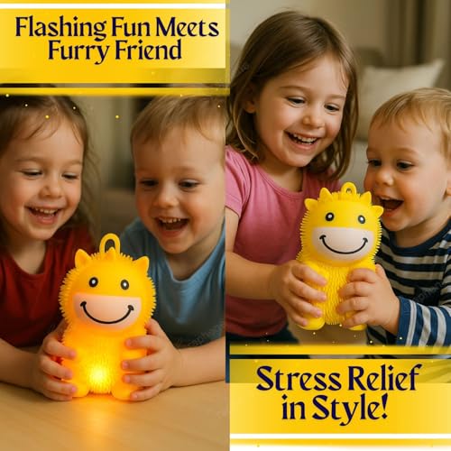 Image of GRAPHENE Flashing Squishy Stress Ball Soft Silicone Squeezable Puffer Sponge Stress Relief Toy Sensory Smiley LED Light Glowing Hair Sensory Fidget Toys for Kids Birthday Gift (Pack of 1)