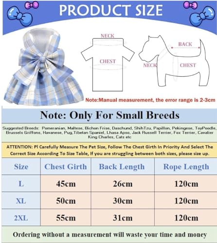 Image of KUTKUT Polyester Plaid Dog Dress Bow Tie Harness Leash Set Harness Dress For Small Dogs Cute Dog Pet Girl Puppy Summer Clothes For Female Dogs (Size: Xl,Adjustable Bust: 50Cm,1 Count)
