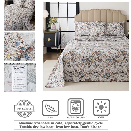 Image of FADFAY Sheets Set King Botanical Bird Floral Bed Sheets Set Vintage Mocha Mousse Farmhouse Bedding Shabby Branches Bedding 100% Egyptian Cotton Breathable Soft 17.7 inch Deep Pocket 4Pcs, King Size