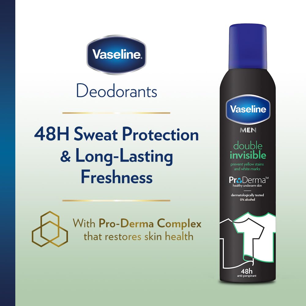 Vaseline Double Invisible (męski) Pro-derma Spray Antyperspirant 250 ml | 48 h ochrona przed potem i długotrwała świeżość, 6 sztuk