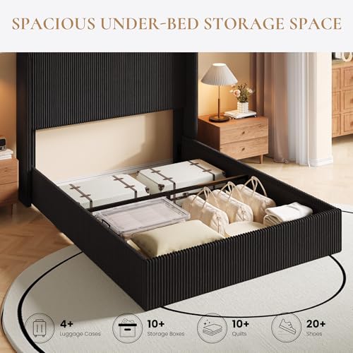 Image of SHA CERLIN Full Lift Up Storage Bed Frame, Upholstered Corduroy, Black