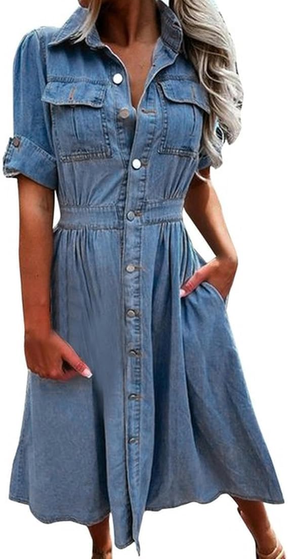 Mode Printemps Eté Robe en Jean Casual Bleu Bouton Chemise Longueur Genou Lâche Soirée Robe Trapèze (Bleu,XL)