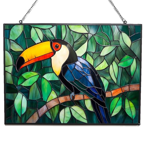365CUSGIFTS Personalized Rectangle Botanical Toucan Stained Glass Window Hangings, Handcrafted Stained Glass Suncatchers, Gift for Cat Lovers Nature Lovers 15
