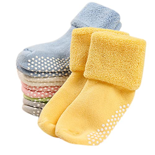 Image of Bestjybt 6 Pairs Baby Girls Boys Non Slip Socks with Grips Thick Cotton Socks for Newborn Toddler (US, Age, 0 Months, 12 Months, Assorted)