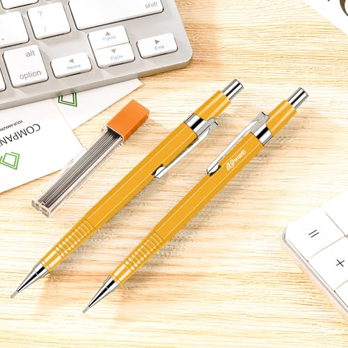 Image of Outus 8 Pcs 0.9mm Yellow Metal Mechanical Pencil, Back to School Gift Automatic Drafting Pencil with Lead Refills for Student, Sketching, Engineer Woodwork Drawing, Architect, Exam Week, Study, Office