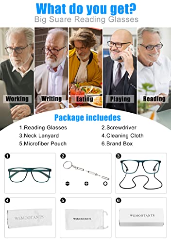 Image of Oversized Reading Glasses Men 2.50 Square Reader Light Fashion Readers 100 125 150 175 200 225 250 275 300 350 Turquoise 2.5 WEMOOTANTS