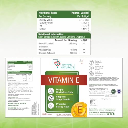 Hayman Natural's Vitamin E For Healthy Skin, Hair & Eyes, Antioxidant Support, Naturally Nourished Skin & Hair For Men & Women - (50 capsules)