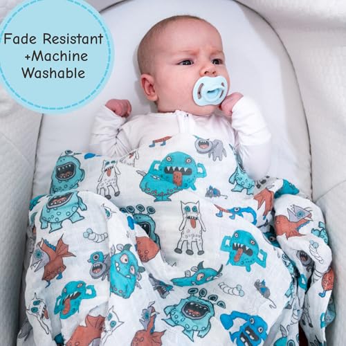 Image of LollyBanks Muslin Swaddle Blankets, 100% Cotton Soft and Breathable Baby Blanket for Boys, 47 x 47 Inches Receiving Blankets, Lightweight Newborn Swaddles, Nursery Must Haves (Monsters Print)