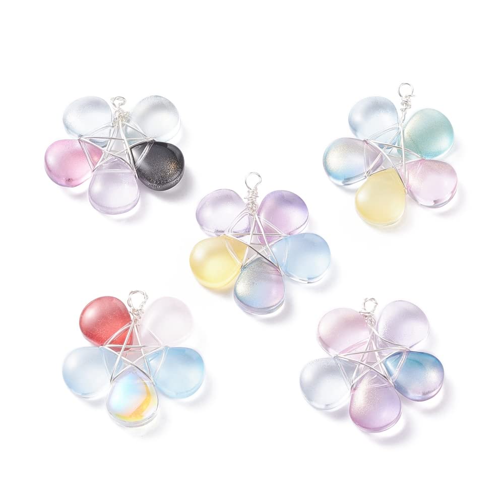 Ipotkitt 30 Pcs Mixed Color Glass Flower Charms Plant Flower Shaped Crystal Glass Charms for Jewelry Making Necklace Earring Accessory