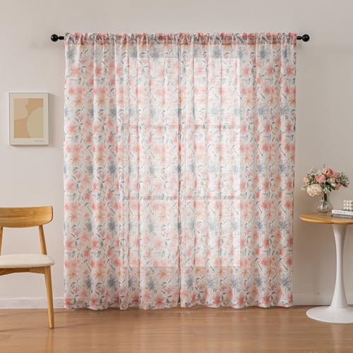 Image of SUOUO Vintage Watercolor Floral Semi Sheer Curtains 96 Inches 2 Panels