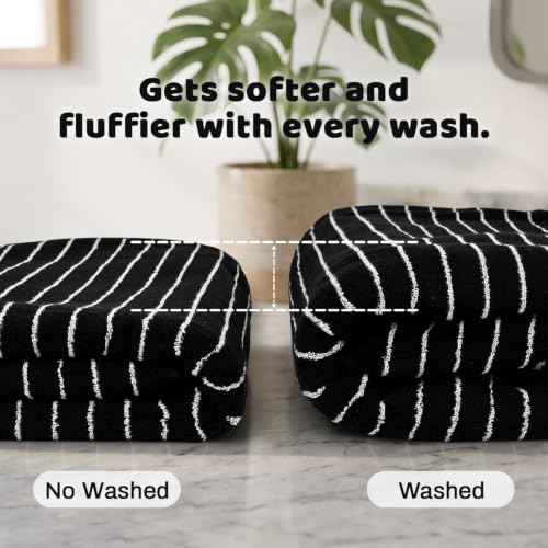 Image of Black Bath Towels Set of 2, Striped Towels for Bathroom, Beach & Shower