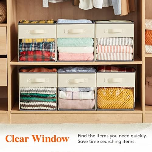 Lifewit Cube Storage Boxes Set of 6, Fabric Storage Box with a Clear Window and Handles, Foldable Storage Cubes Clothes Organiser for Wardrobe, Closet, Shelves, Medium, Beige