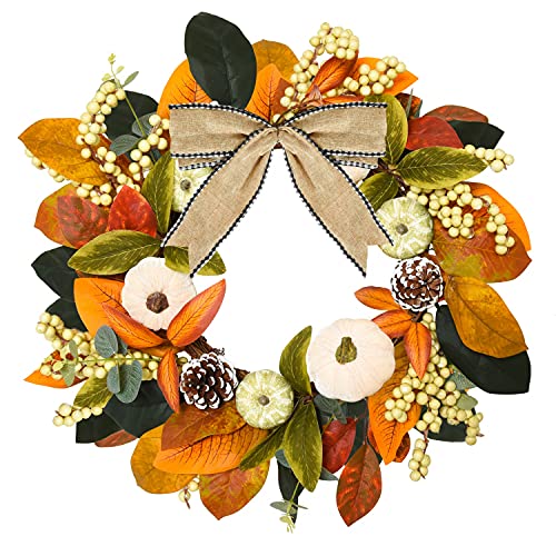 Image of Rocinha 20 in Fall Wreath for Front Door Outside Autumn Wreath with Pumpkins Bow Pinecones Berries, Artificial Thanksgiving Wreaths for Front Door Indoor Outdoor Home Decor