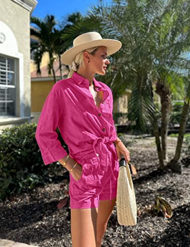 Beyove Women's Cotton Linen Set Casual Tracksuit Button Down 3/4 Sleeve Shirt Drawstring Shorts Pockets 2 Piece Lounge Set2