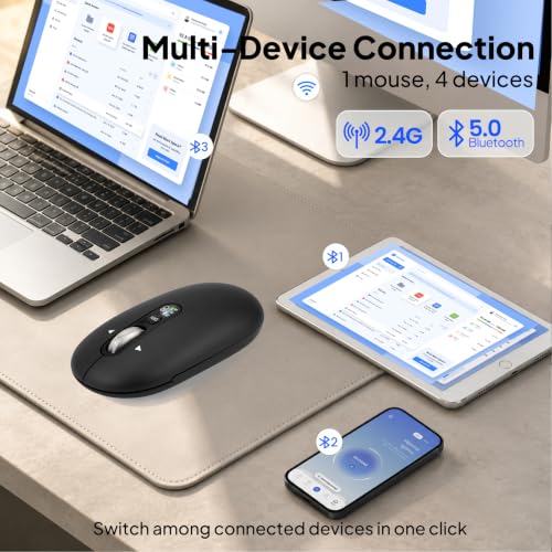 Image of Wireless Bluetooth Mouse,USB+BTx2,Slim Pebble Multi Device Small Travel Mice,Metal 4 Way Super Scrolling,± 3000 DPI,8 Buttons,Quiet,Portable,Long Battery for Laptop,Computer,Tablet,Mac,iPad,PC,Phone