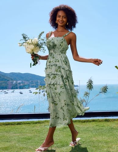 Image of GRACE KARIN Women's Floral Summer Wedding Guest Dresses 2025 Trendy Long Flowy Smocked Tiered Maxi Dress