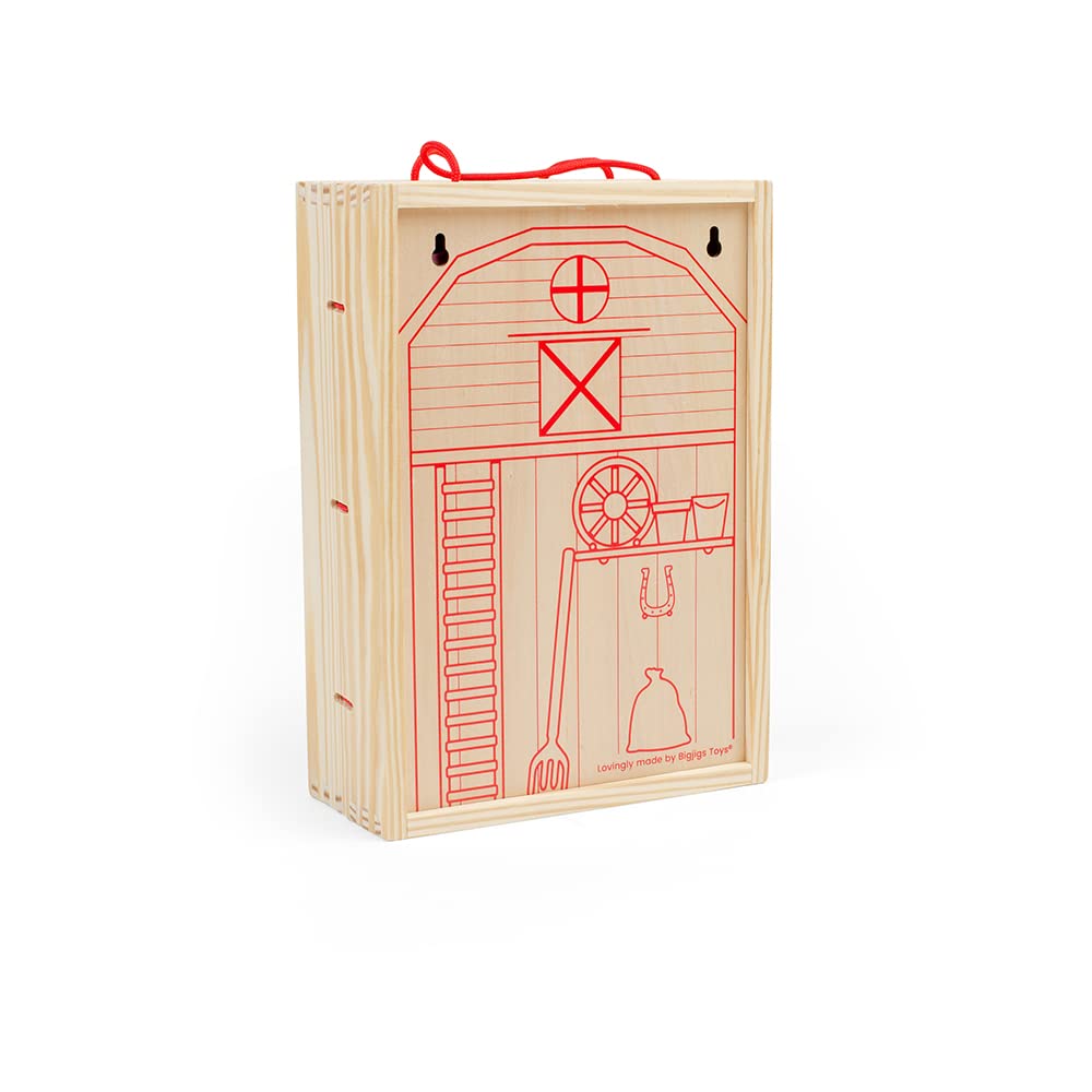 Bigjigs Toys Farm Play Box - Wooden Playset with 5 Farm Animals & 2 Fold-out Play Mats, Portable Toy Farm Wooden Dolls House, Montessori Toys for 18 Months +, Farm Set Roleplay Toy