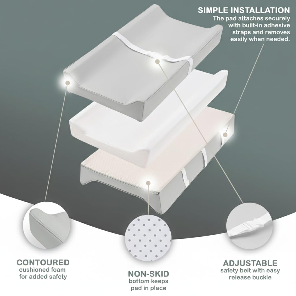 Vegan Leather Contoured Baby Changing Pad | Waterproof & Wipe-Clean PU Leather Diaper Change Mat, Soft, Wipeable Cover, Safety Strap, Non-Slip Bottom, Topper for Standard Infant Diaper Table & Dresser