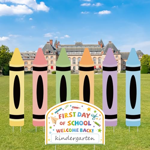 7 Pcs First Day Back to School Yard Sign Decorations 31.5 Inch Crayon Yard Signs Classroom Decor First Day Back to School Photo Props with Stakes for Preschool Outdoor Lawn and Garden
