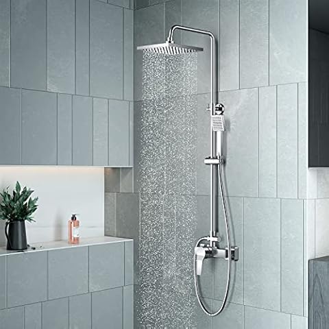 Duschset mit Armatur, Duschsystem mit Einhebelmischer Duscharmatur,Verstellbare Duschstange und Eckige Kopfbrause, Regendusche mit Armatur Cover