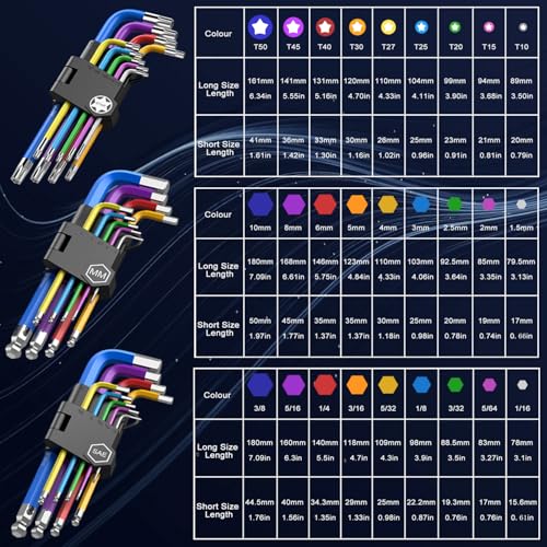 Image of 27PCS Color Allen Key Set, Ball&Star Hex Key Set, T Handle Allen&Torx Wrench Set, Metric Allen Wrench Set with Chrome Vanadium Steel, for Bicycle Repair, Household DIY, 1.5-10mm, T10-T50, 1 /16-3 /8