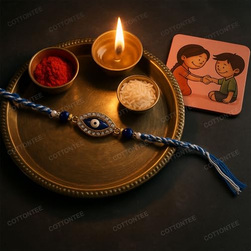 Image of King Kalai Rakhi for Brother with Coaster, Kumkum & Chawal | Traditional Beaded Thread Rakhi with Royal Kalai Thread | Raksha Bandhan Gift Hamper