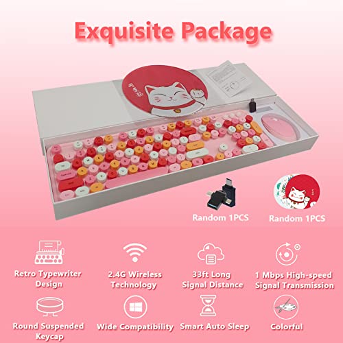 Image of Wireless Keyboard and Mouse Combo, Ergonomic Cute Retro Typewriter Full Size Colorful USB Cordless Keyboard Mouse Set for Gaming and Office (Pink)