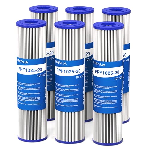 Purevua 6-Pack 20 Micron Pleated Water Filter Cartridge 10 x 2.5 Washable & Reusable PET Sediment Filter for Well Water & Whole House Pre-Filter Compatible with WFPFC3002 WHKF-WHPL AO-WH-PRE-RP2