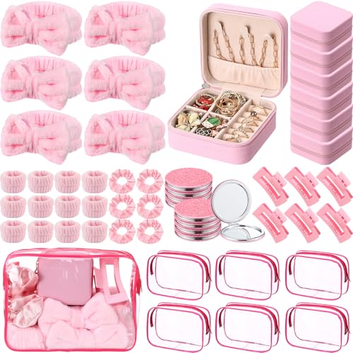 Suncalla 48 Pcs Spa Party Favors for Girls Pink Sleepover Party Supplies 6 Bow Headband 12 Wristband 6 Scrunchies 6 Hair Clip 6 Jewelry Case 6 Makeup Bag 6 Mirror for Bridesmaid Proposal Return Gifts
