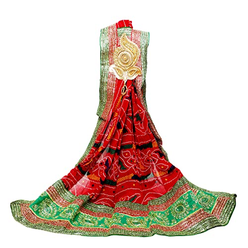 Image of Georgette Red Pooja Chunri, Shoulder chunari, Women's Bandej Chunni,Pomcha Stole for Ladies and Girls, Indian Ethnic, Traditional booti Odhana for puja, Marwadi Chunar for Festival