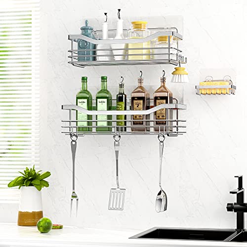 Orimade Shower Caddy Basket Soap Dish Holder Shelf With 5 Hooks Bathroom Organizer Shelf Kitchen Storage Rack Wall Mounted Adhesive No Drilling Rustproof Sus304 Stainless Steel - 3 Pack #TOP7