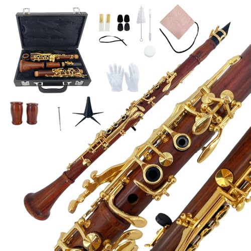 Image of Professional Wood Clarinet 17 Key Gold-Plated Rosewood B Flat Clarinet with 2 Barrels,Hard Case,Mouthpiece,Reeds,Cleaning Kit,Intermediate Musical Instrument